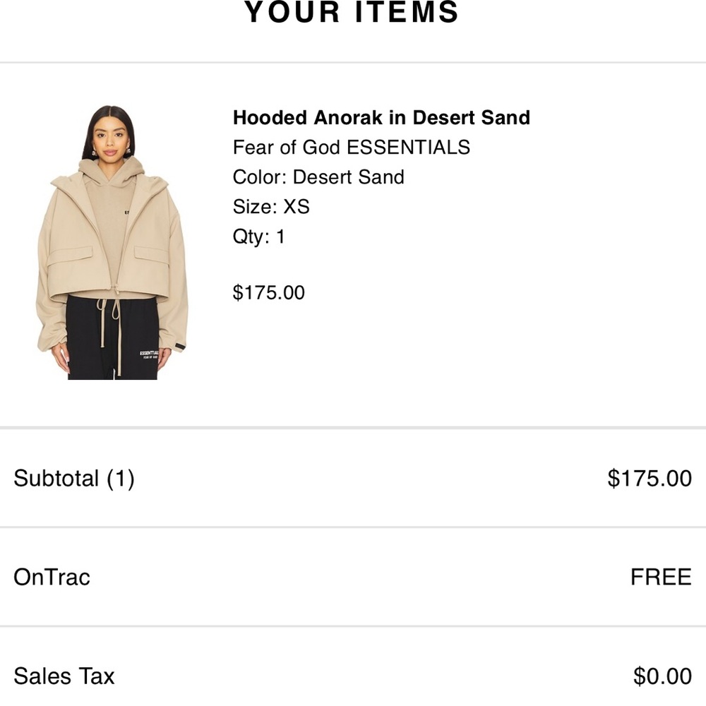 Fear of God Essentials hooded cropped anorak jacket, desert sand, xs - Picture 7 of 7